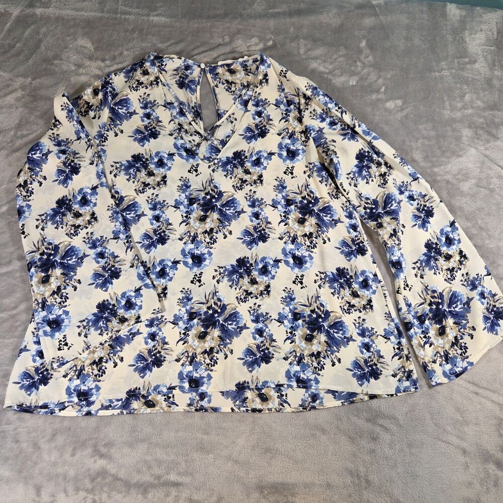 LUSH Women's Blue Floral V-Neck Bell Sleeve Top Size Small Vintage 1990's to Y2K
